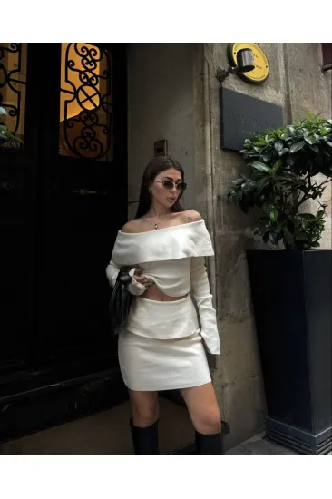 Kadın Straplez , Madonna , Carmen Yaka Croplu Mini Etekli ikili Alt-Üst Takım Triko - Beyaz Kadın Straplez , Madonna , Carmen Yaka Croplu Mini Etekli ikili Alt-Üst Takım Triko - Beyaz