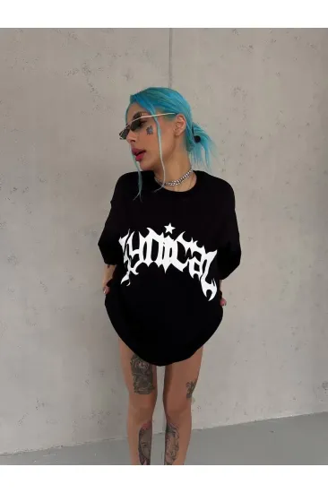 kadın Bisiklet Yaka Baskılı Oversize Kısa kol T-Shirt - Siyah kadın Bisiklet Yaka Baskılı Oversize Kısa kol T-Shirt - Siyah