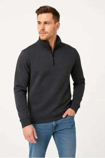 Erkek Dik Yaka Yarım Fermuarlı 3 İplik Pamuklu Sweatshirt - Antrasit Erkek Dik Yaka Yarım Fermuarlı 3 İplik Pamuklu Sweatshirt - Antrasit