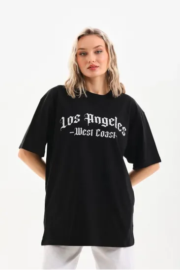Kadın Baskılı Tişört Kısa Kol Bisiklet Yaka Oversize T-Shirt - Siyah Kadın Baskılı Tişört Kısa Kol Bisiklet Yaka Oversize T-Shirt - Siyah