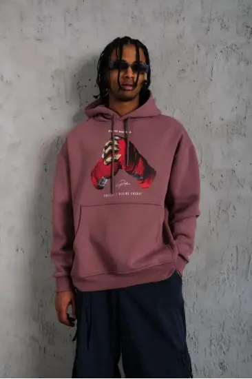 Erkek Kapüşonlu Cepli Box Eldiven Baskılı 3 İplik Sweatshirt Hoodie - Gül Kurusu Erkek Kapüşonlu Cepli Box Eldiven Baskılı 3 İplik Sweatshirt Hoodie - Gül Kurusu