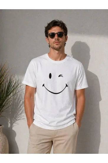 Erkek Minimal Gülümseyen Yüz Baskılı Tişört Kısa Kol Yazlık T-Shirt - Beyaz