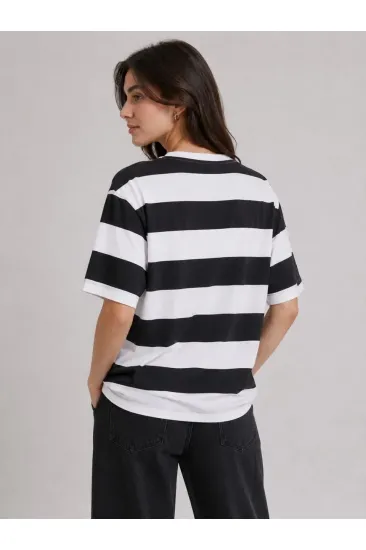 Kadın Çizgili Oversize Tişört Bisiklet Yaka Kısa Kol Yazlık T-Shirt - Siyah
