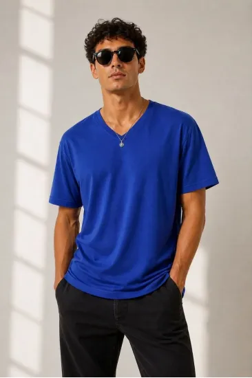 Erkek V Yaka Basic Tişört Kısa Kol Yazlık Regular Fit T-Shirt - Saks Mavisi Erkek V Yaka Basic Tişört Kısa Kol Yazlık Regular Fit T-Shirt - Saks Mavisi