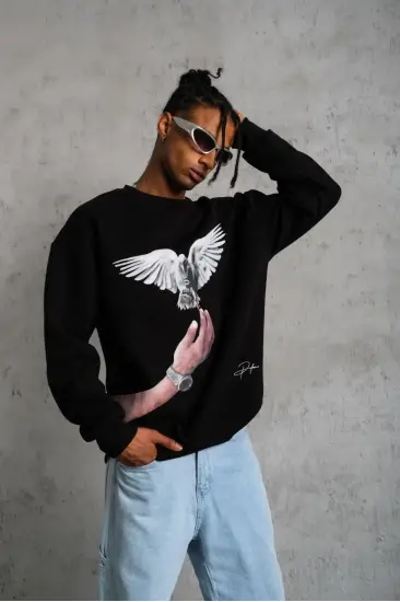 Erkek Güvercin Baskılı 3 iplik Bisiklet Yaka ipamuklu Sweatshirt - Siyah Erkek Güvercin Baskılı 3 iplik Bisiklet Yaka ipamuklu Sweatshirt - Siyah