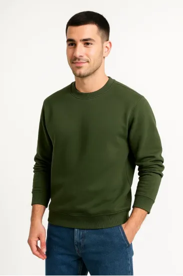 Erkek 3 İplik Pamuklu Düz Bisiklet Yaka SweatShirt - Haki Erkek 3 İplik Pamuklu Düz Bisiklet Yaka SweatShirt - Haki