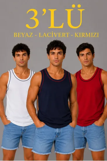 Erkek 3’lü Kolsuz Sporcu Atlet Seti Yazlık Bisiklet Yakalı - Lacivert, Kırmızı, Beyaz Erkek 3’lü Kolsuz Sporcu Atlet Seti Yazlık Bisiklet Yakalı - Lacivert, Kırmızı, Beyaz