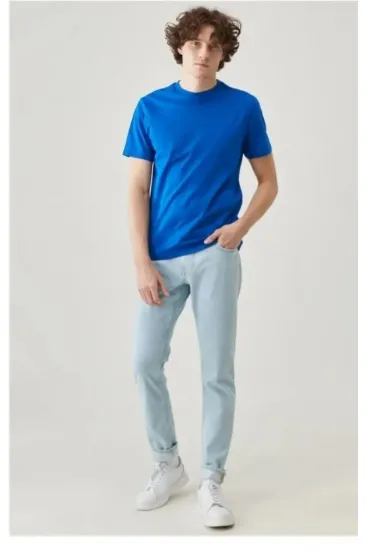 Erkek Düz Penye Tişört Bisiklet Yaka Kısa Kol Regular Fit T-Shirt - Mavi Erkek Düz Penye Tişört Bisiklet Yaka Kısa Kol Regular Fit T-Shirt - Mavi