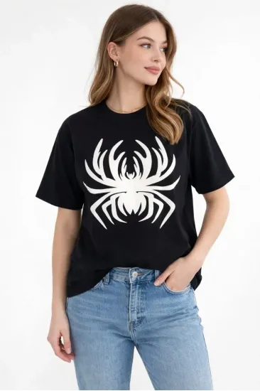 Kadın Örümcek Baskılı Tişört Kısa Kollu Bisiklet Yaka T-Shirt - Siyah Kadın Örümcek Baskılı Tişört Kısa Kollu Bisiklet Yaka T-Shirt - Siyah