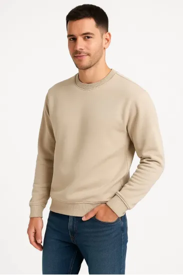 Erkek 3 İplik Pamuklu Düz Bisiklet Yaka SweatShirt - Bej Erkek 3 İplik Pamuklu Düz Bisiklet Yaka SweatShirt - Bej