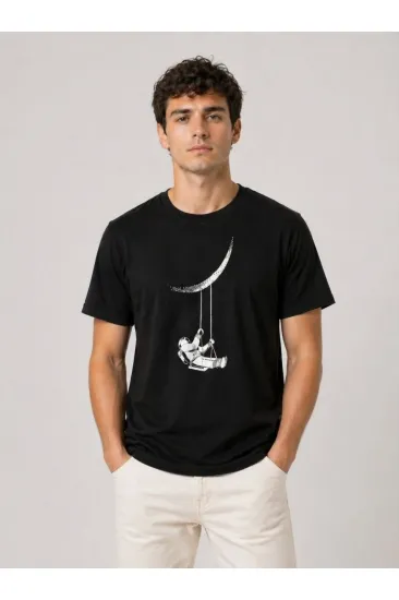 Erkek Astronot Ay Temalı Tişört Kısa Kol Yazlık Bisiklet Yaka T-Shirt - Siyah Erkek Astronot Ay Temalı Tişört Kısa Kol Yazlık Bisiklet Yaka T-Shirt - Siyah