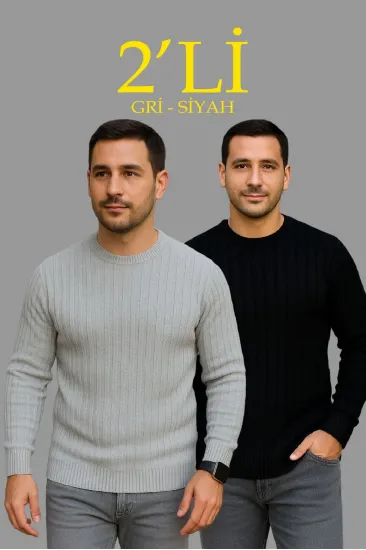 Erkek Fitilli Triko Kazak 2’li Set Siyah Gri Kalın Dokuma Pamuklu Regular Fit Bisiklet Erkek Fitilli Triko Kazak 2’li Set Siyah Gri Kalın Dokuma Pamuklu Regular Fit Bisiklet