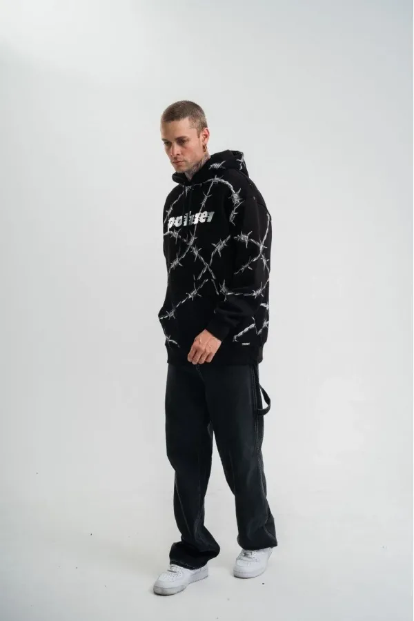 ERKEK Kapüşonlu Varak ve Pano Baskılı Hoodie  SweatShirt- Siyah