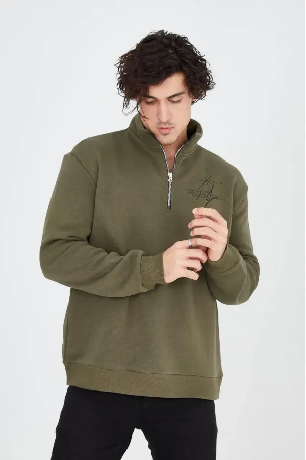 Erkek Yarım Fermuarlı Baskılı 3 iplik pamuklu sweatshirt - Yeşil Erkek Yarım Fermuarlı Baskılı 3 iplik pamuklu sweatshirt - Yeşil