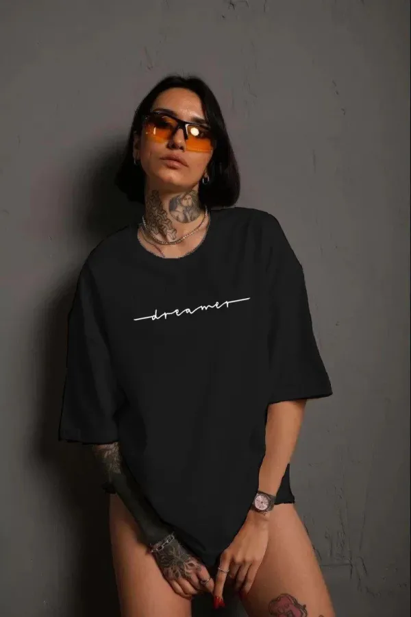 Kadın Bisiklet Yaka Baskılı kısa kol T-Shirt - Siyah Kadın Bisiklet Yaka Baskılı kısa kol T-Shirt - Siyah