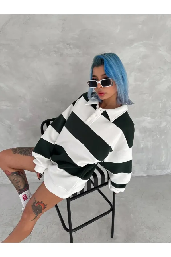 Kadın 3 iplik Pamuklu Parçalı Yakalı SweatShirt - Yeşil Kadın 3 iplik Pamuklu Parçalı Yakalı SweatShirt - Yeşil