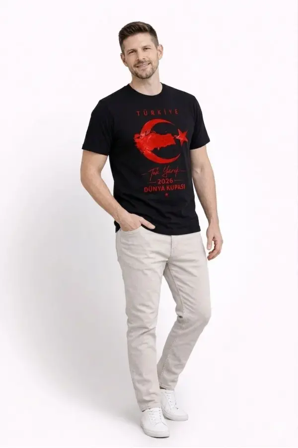 Erkek TÜRKİYE Ay Yıldız Baskılı Taraftar Forma T-Shirt - Siyah Erkek TÜRKİYE Ay Yıldız Baskılı Taraftar Forma T-Shirt - Siyah