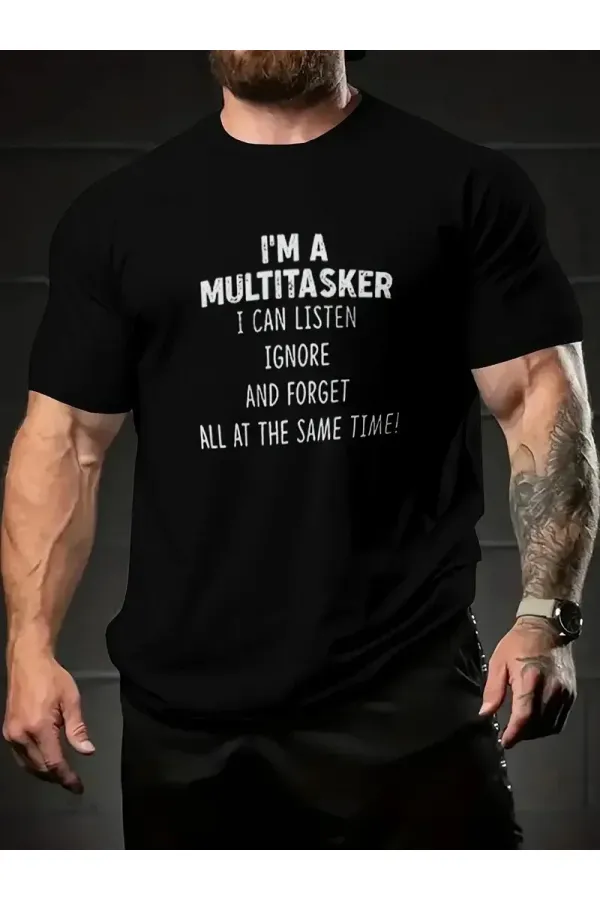 Erkek T-shirt Komik 'Multitasker' Baskılı Kısa kol Tişört - Siyah Erkek T-shirt Komik 'Multitasker' Baskılı Kısa kol Tişört - Siyah