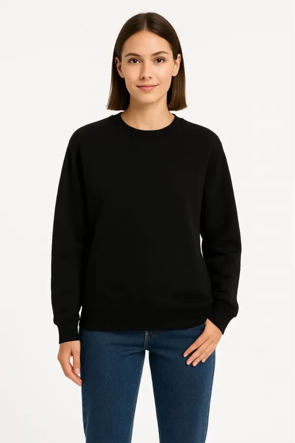 Kadın 3 İplik Pamuklu Düz Bisiklet Yaka SweatShirt - Siyah Kadın 3 İplik Pamuklu Düz Bisiklet Yaka SweatShirt - Siyah