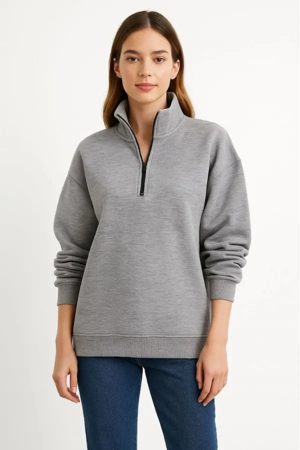 Kadın 3 İplik Pamuklu Dık Yaka Yarım Fermuarlı SweatShirt - Gri