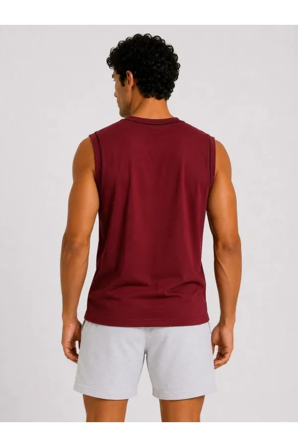 Erkek Kontrast Biyeli Kolsuz Atlet Bisiklet Yaka Yazlık Basic Atlet - Bordo Erkek Kontrast Biyeli Kolsuz Atlet Bisiklet Yaka Yazlık Basic Atlet - Bordo