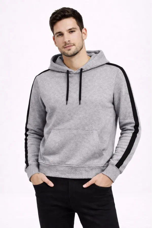 Erkek Şeritli Kapüşonlu Sweatshirt Oversize 3 iplik Pamuklu Hoodie - Gri Erkek Şeritli Kapüşonlu Sweatshirt Oversize 3 iplik Pamuklu Hoodie - Gri