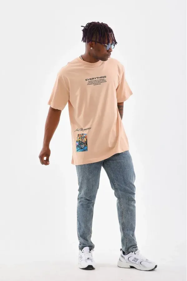 Erkek Bisiklet Yaka Baskılı Oversize T-Shirt - Bej Erkek Bisiklet Yaka Baskılı Oversize T-Shirt - Bej