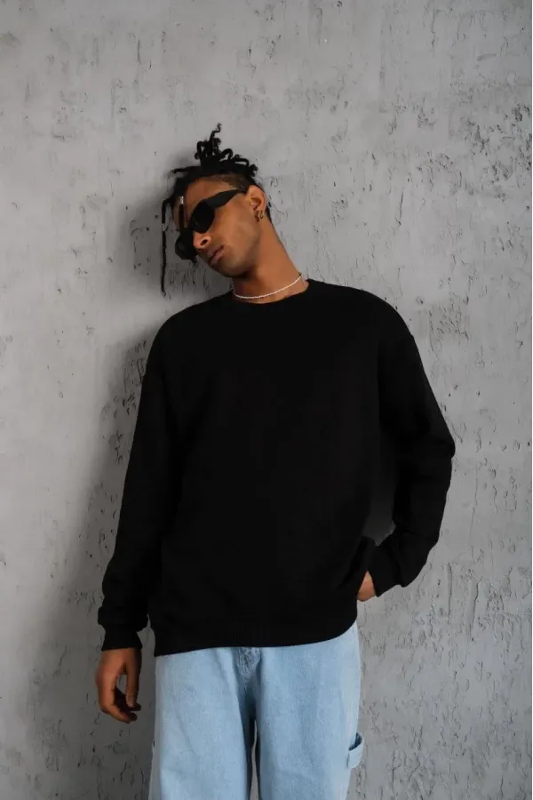 Erkek Bisiklet Yaka Baskılı 3 İplik Pamuklu Sweatshirt - Siyah Erkek Bisiklet Yaka Baskılı 3 İplik Pamuklu Sweatshirt - Siyah