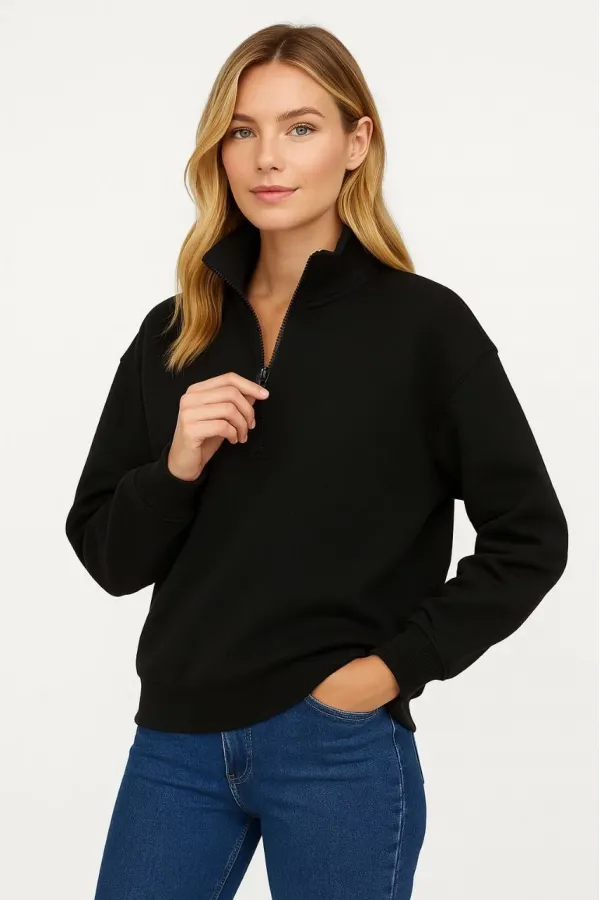 Kadın 3 İplik Pamuklu Dık Yaka Yarım Fermuarlı SweatShirt - Siyah Kadın 3 İplik Pamuklu Dık Yaka Yarım Fermuarlı SweatShirt - Siyah
