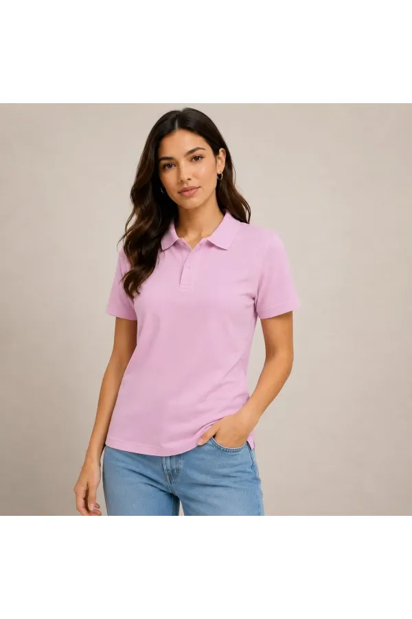Kadın Polo Yaka Pike Kumaş Düğmeli Basic Tişört Günlük Rahat - Pembe