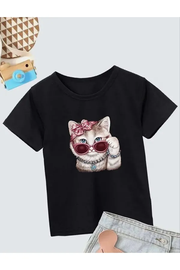 Kız Çocuk Bisiklet Yaka Baskılı T-Shirt - Siyah Kız Çocuk Bisiklet Yaka Baskılı T-Shirt - Siyah