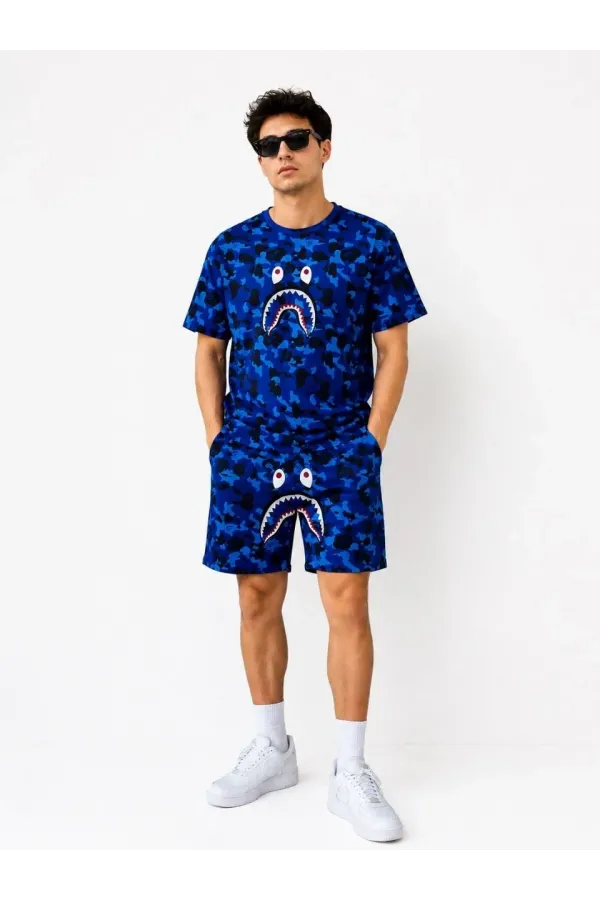 Erkek Oversize Kalıp Pubg Bape X Shark Nakışlı Cepli Şort Takım - Mavi Erkek Oversize Kalıp Pubg Bape X Shark Nakışlı Cepli Şort Takım - Mavi