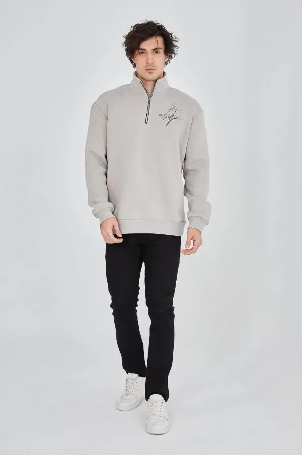 Erkek Yarım Fermuarlı Baskılı 3 iplik pamuklu sweatshirt - Boyalı Gri