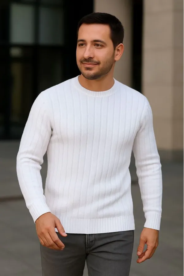 Erkek Bisiklet Yaka Triko Kazak Pamuklu Kalın Fitilli Dokuma Regular Fit - Beyaz Erkek Bisiklet Yaka Triko Kazak Pamuklu Kalın Fitilli Dokuma Regular Fit - Beyaz