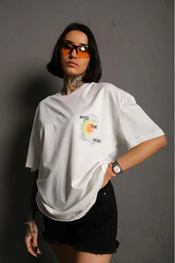 kadın Bisiklet Yaka Baskılı Oversize Kısa kol T-Shirt - Beyaz kadın Bisiklet Yaka Baskılı Oversize Kısa kol T-Shirt - Beyaz