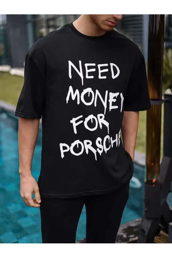 Erkek Tişört Bisiklet Yaka Baskılı Kısa kol Oversize T-Shirt - Siyah Erkek Tişört Bisiklet Yaka Baskılı Kısa kol Oversize T-Shirt - Siyah