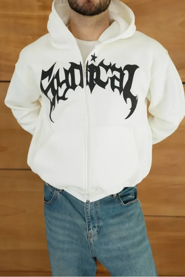 Erkek Kapüşonlu 3 İplik Şardonlu Önü Baskılı Fermuarlı Oversize Sweatshirt - Beyaz Erkek Kapüşonlu 3 İplik Şardonlu Önü Baskılı Fermuarlı Oversize Sweatshirt - Beyaz