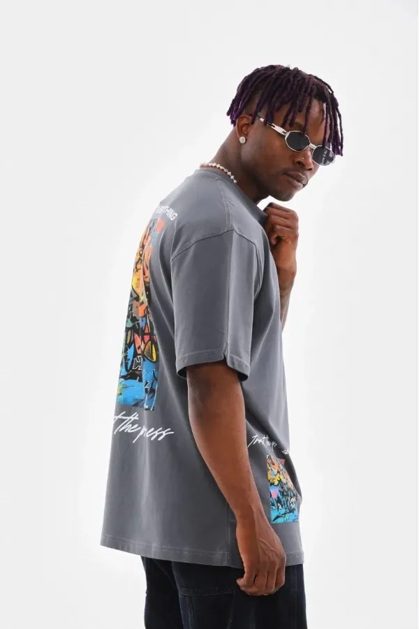Erkek Tişort Bisiklet Yaka Baskılı Oversize T-Shirt - Gri Erkek Tişort Bisiklet Yaka Baskılı Oversize T-Shirt - Gri