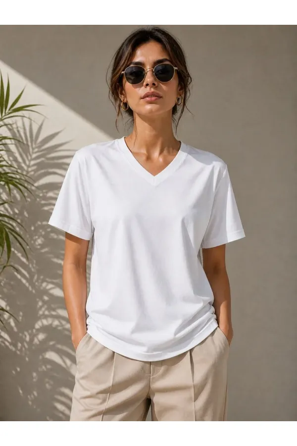 Kadın V Yaka Basic Tişört Kısa Kol Yazlık Regular Fit T-Shirt - Beyaz Kadın V Yaka Basic Tişört Kısa Kol Yazlık Regular Fit T-Shirt - Beyaz