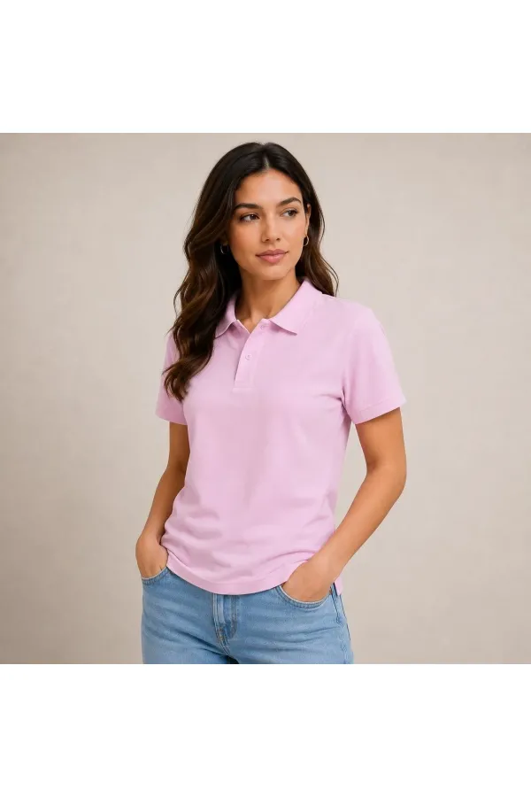 Kadın Polo Yaka Pike Kumaş Düğmeli Basic Tişört Günlük Rahat - Pembe
