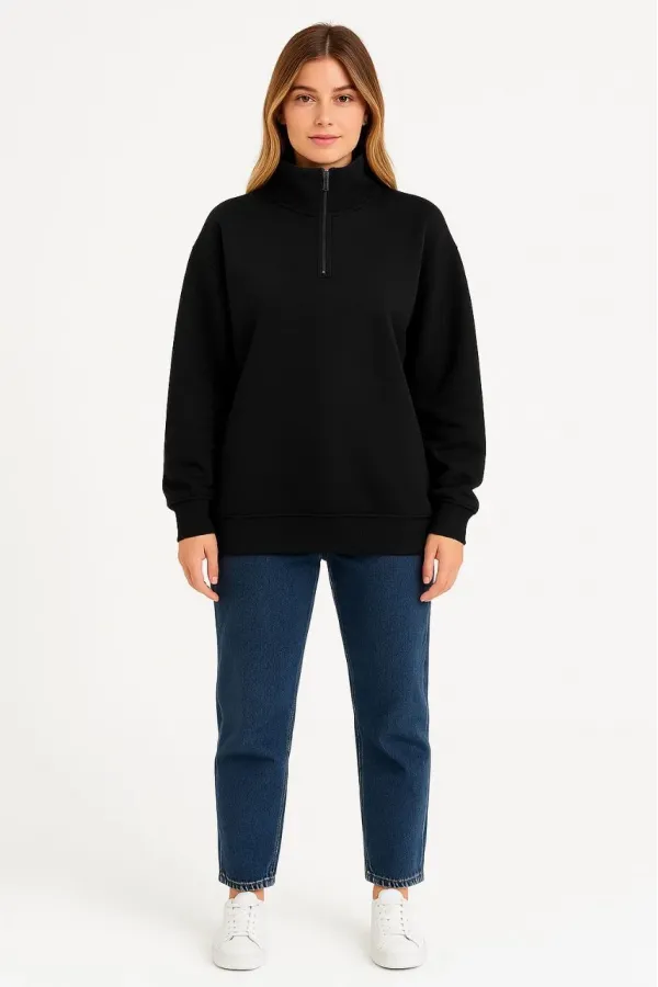 Kadın 3 İplik Pamuklu Dık Yaka Yarım Fermuarlı SweatShirt - Siyah Kadın 3 İplik Pamuklu Dık Yaka Yarım Fermuarlı SweatShirt - Siyah