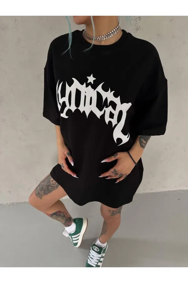 kadın Bisiklet Yaka Baskılı Oversize Kısa kol T-Shirt - Siyah kadın Bisiklet Yaka Baskılı Oversize Kısa kol T-Shirt - Siyah