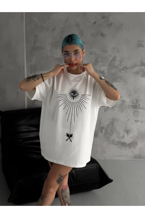 kadın Bisiklet Yaka Baskılı Oversize Kısa kol T-Shirt - Beyaz kadın Bisiklet Yaka Baskılı Oversize Kısa kol T-Shirt - Beyaz