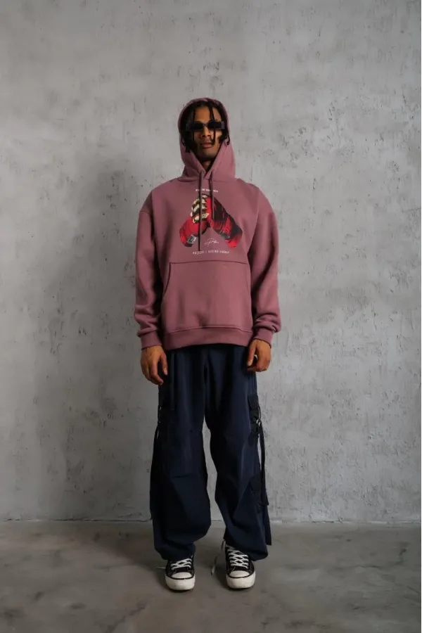 Erkek Kapüşonlu Cepli Box Eldiven Baskılı 3 İplik Sweatshirt Hoodie - Gül Kurusu Erkek Kapüşonlu Cepli Box Eldiven Baskılı 3 İplik Sweatshirt Hoodie - Gül Kurusu