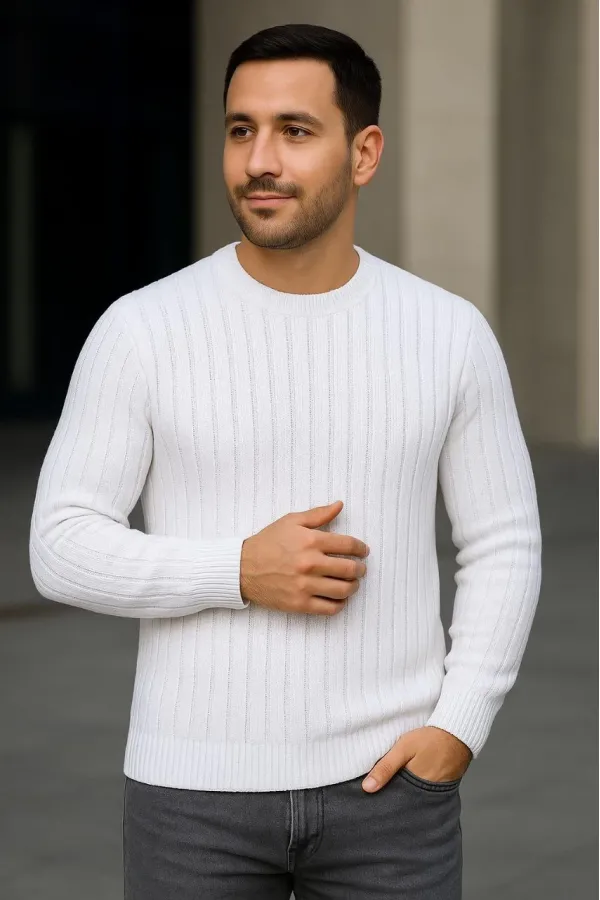 Erkek Bisiklet Yaka Triko Kazak Pamuklu Kalın Fitilli Dokuma Regular Fit - Beyaz Erkek Bisiklet Yaka Triko Kazak Pamuklu Kalın Fitilli Dokuma Regular Fit - Beyaz