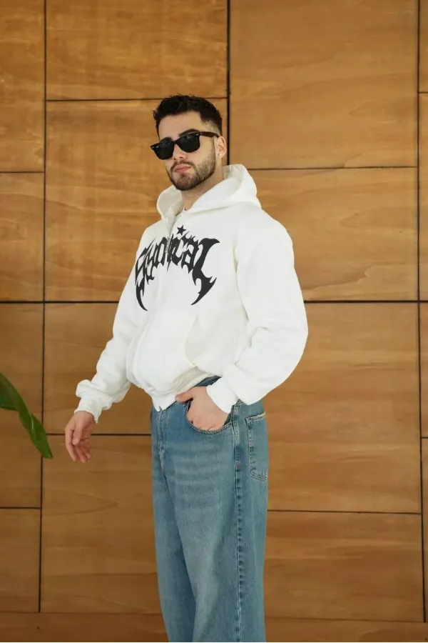 Erkek Kapüşonlu 3 İplik Şardonlu Önü Baskılı Fermuarlı Oversize Sweatshirt - Beyaz Erkek Kapüşonlu 3 İplik Şardonlu Önü Baskılı Fermuarlı Oversize Sweatshirt - Beyaz