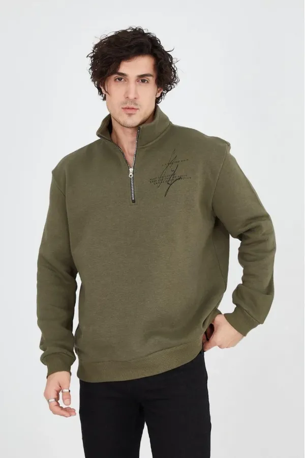 Erkek Yarım Fermuarlı Baskılı 3 iplik pamuklu sweatshirt - Yeşil Erkek Yarım Fermuarlı Baskılı 3 iplik pamuklu sweatshirt - Yeşil