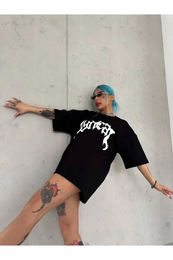kadın Bisiklet Yaka Baskılı Oversize Kısa kol T-Shirt - Siyah kadın Bisiklet Yaka Baskılı Oversize Kısa kol T-Shirt - Siyah