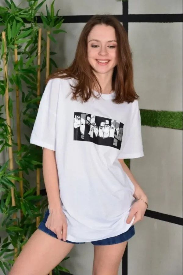 Kadın Bisiklet Yaka Baskılı Kısa kol Oversize T-Shirt - Beyaz Kadın Bisiklet Yaka Baskılı Kısa kol Oversize T-Shirt - Beyaz