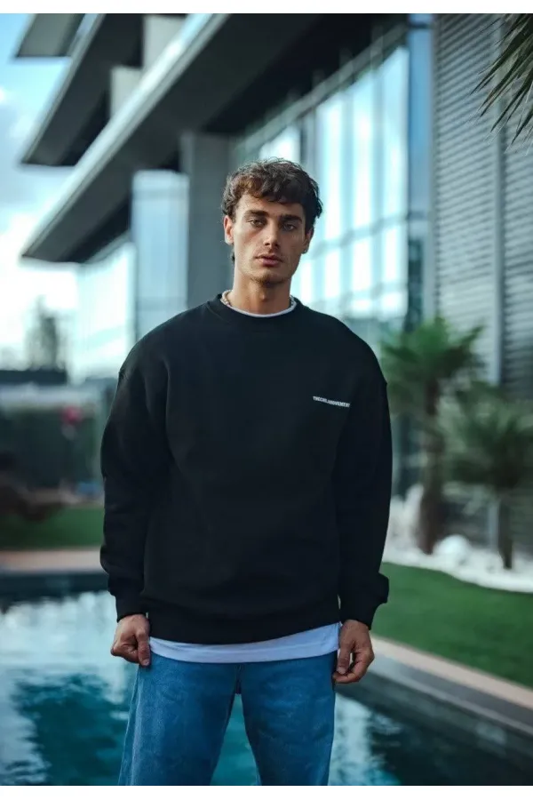 Erkek 3 iplik Pamuklu Bisiklet Yaka Oversize Baskılı SweatShirt - Siyah Erkek 3 iplik Pamuklu Bisiklet Yaka Oversize Baskılı SweatShirt - Siyah